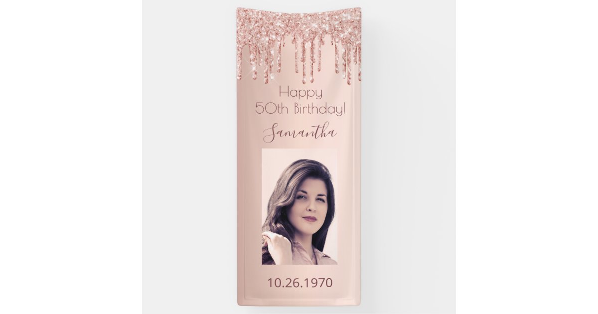 Birthday party rose gold photo pink drips banner | Zazzle