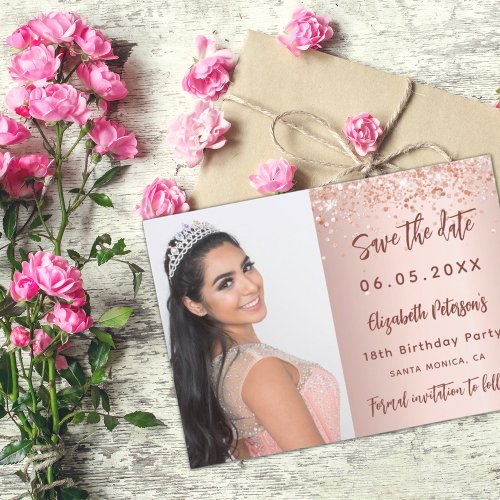 Birthday party rose gold photo script save the date