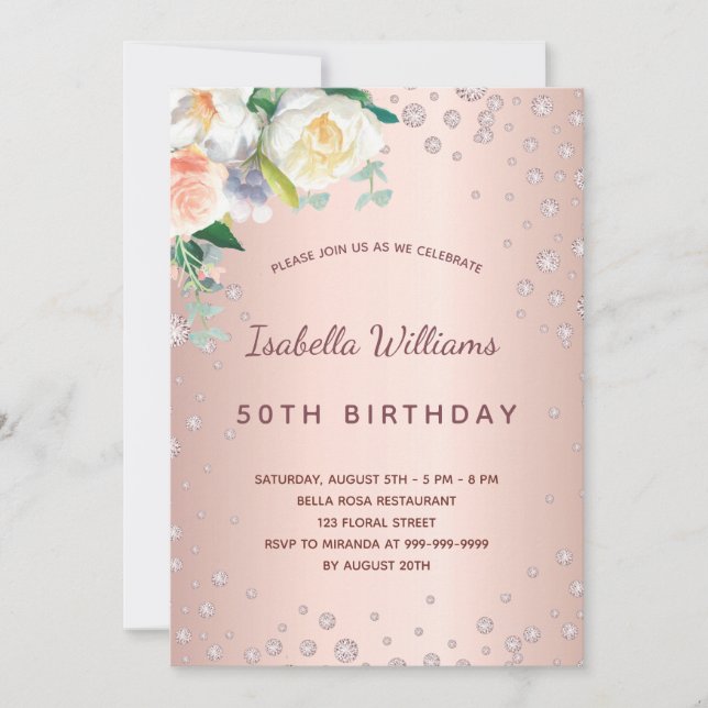 Birthday party rose gold pink diamonds florals invitation (Front)