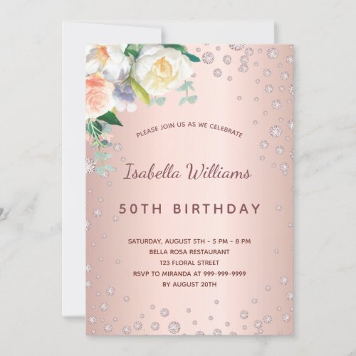 Birthday party rose gold pink diamonds florals invitation
