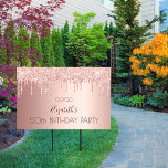 Birthday party rose gold pink drive-by sign<br><div class="desc">An outdoor sign celebrating a 50th (or any age)milestone birthday. A rose gold background with drips,  paint dripping look. The text: Personalize and add a name written in dark burgundy with a modern hand lettered style script. Templates for a date and age 50</div>