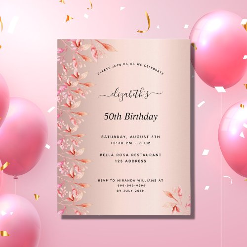 Birthday party rose gold pink floral invitation postcard
