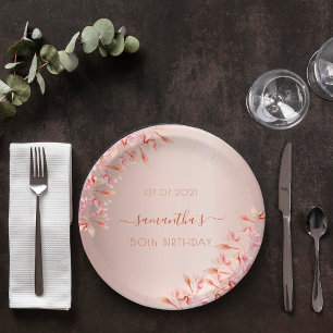 Birthday party rose gold pink florals botanical paper plates