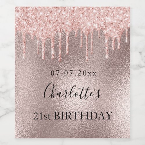 Birthday party rose gold pink glitter 21 years wine label