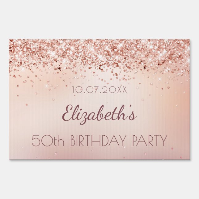 Birthday party rose gold pink glitter dust banner sign (Front)