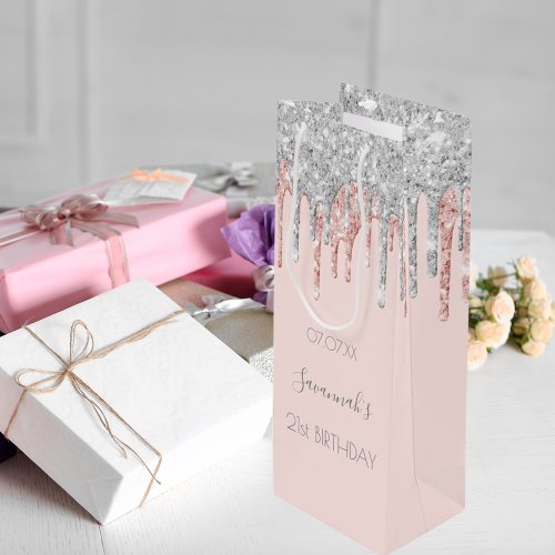 Birthday party rose gold pink glitter silver wine gift bag