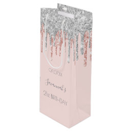 Birthday party rose gold pink glitter silver wine gift bag