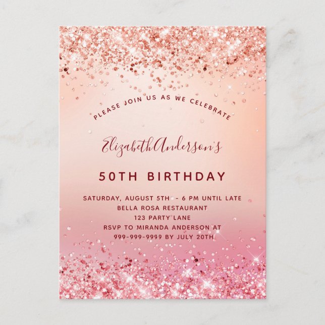 Birthday party rose gold pink glitter sparkle invitation postcard (Front)