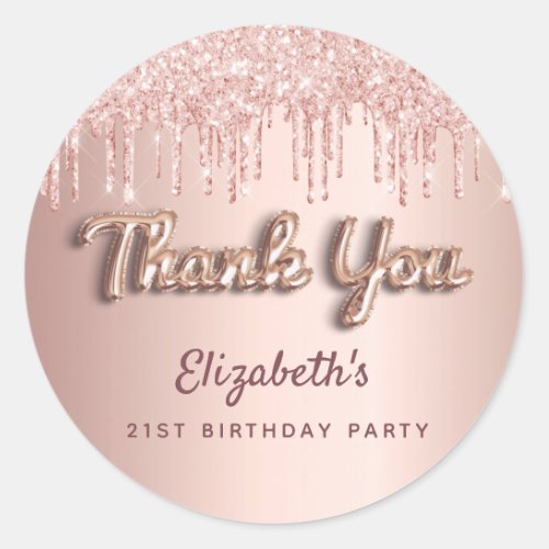 Birthday Party rose gold pink glitter Thank You Cl Classic Round Sticker