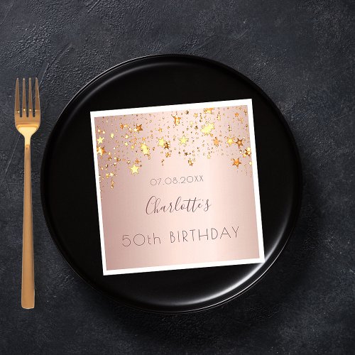 Birthday party rose gold pink golden stars name napkins