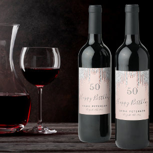 Birthday party rose gold pink silver wine label