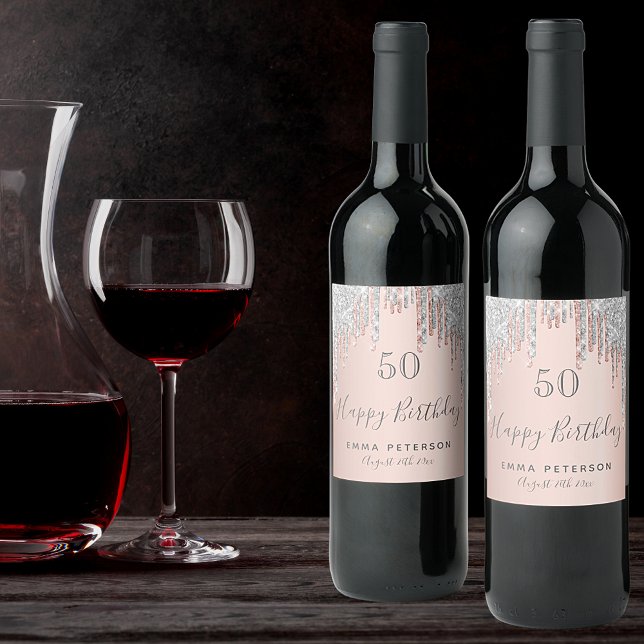 Birthday party rose gold pink silver wine label (Creator Uploaded)