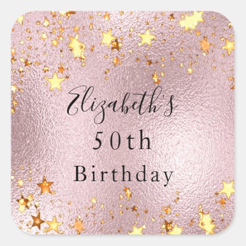 Birthday party rose gold pink stars modern chic square sticker