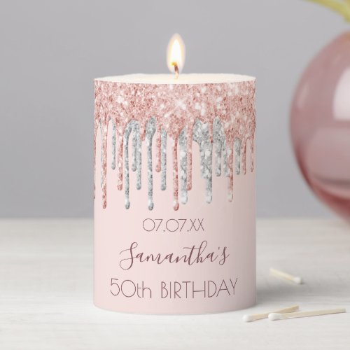 Birthday party rose gold silver glitter drips pillar candle