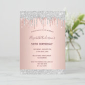 Birthday party rose gold silver glitter drips pink invitation (Standing Front)