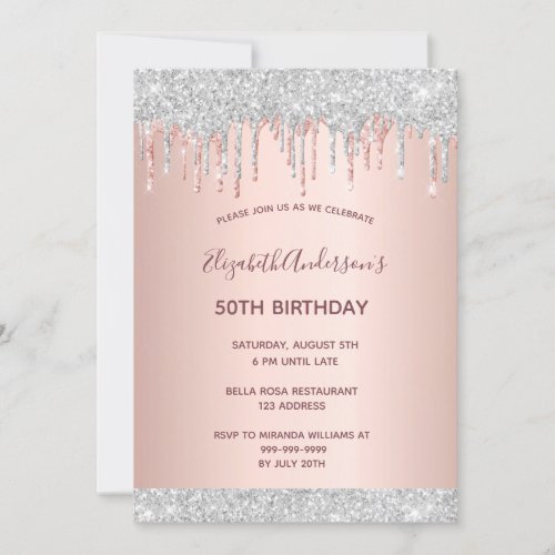 Birthday party rose gold silver glitter drips pink invitation