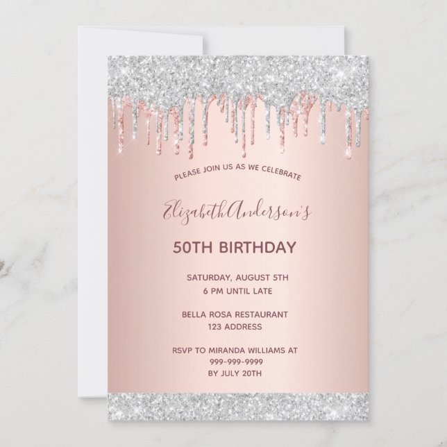 Birthday party rose gold silver glitter drips pink invitation (Front)