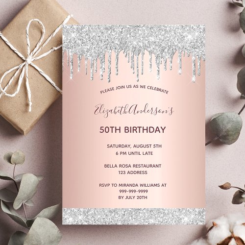 Birthday party rose gold silver glitter drips pink invitation