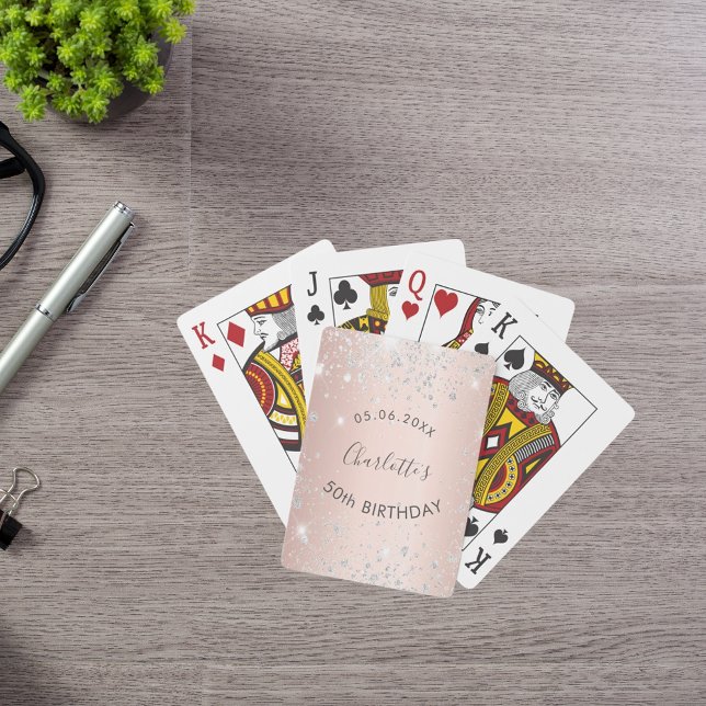 Birthday party rose gold silver glitter dust name poker cards (Creator Uploaded)