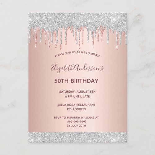 Birthday party rose gold silver glitter invitation postcard