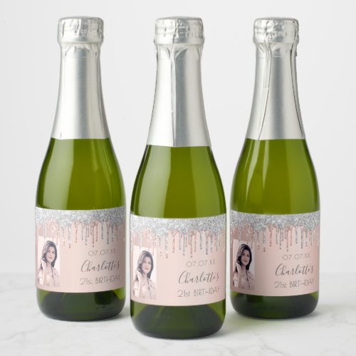 Birthday party rose gold silver glitter photo name sparkling wine label