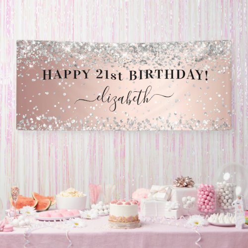 Birthday party rose gold silver glitter sparkle banner