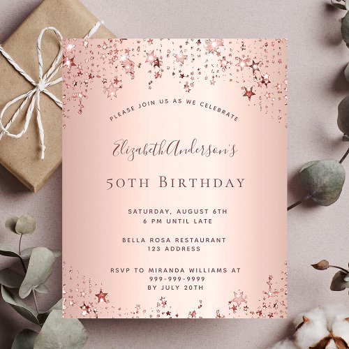 Birthday party rose gold stars budget invitation