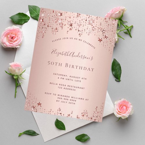 Birthday party rose gold stars glam invitation postcard