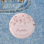 Birthday party rose gold stars saprkle monogram button<br><div class="desc">Girly for a 21st (or any age) birthday party. A feminine light rose gold background decorated with rose gold colored stars dripping. Personalize and add a date, name and age 21. Curved text and dark rose gold colored letters. The name is written with a modern hand lettered style script. Perfect...</div>
