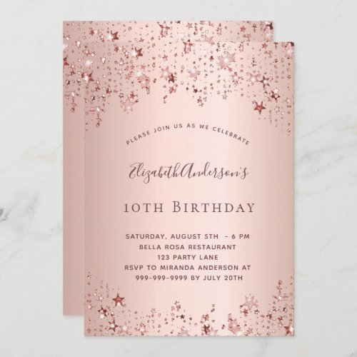 Birthday party rose gold stars sprinkle girly invitation