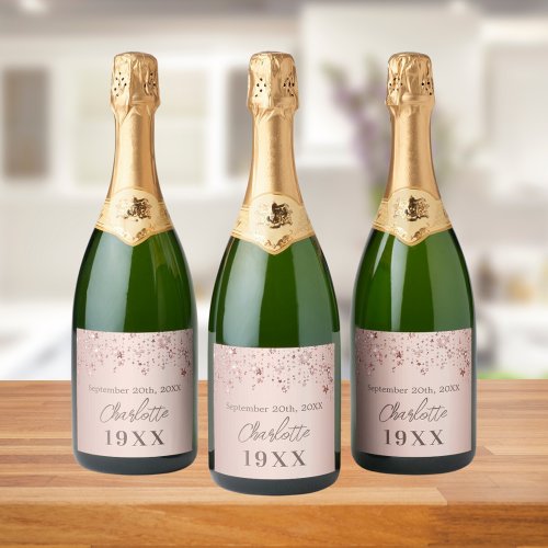 Birthday party rose gold stars year born sparkling wine label