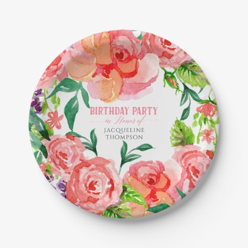 Birthday Party Roses Pink Lavender Modern Floral Paper Plates