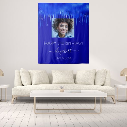 Birthday party royal blue drips photo name tapestry