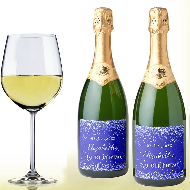 Birthday party royal blue glitter dust name sparkling wine label (Creator Uploaded)