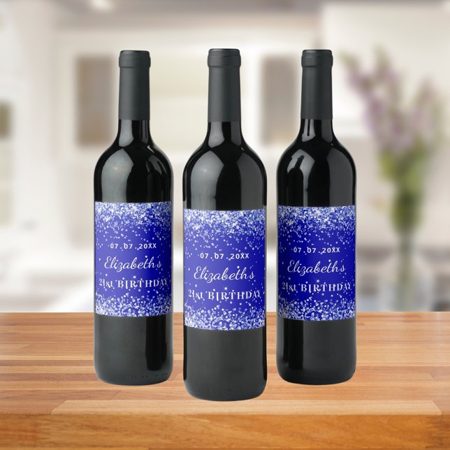 Birthday party royal blue glitter dust name wine label (Creator Uploaded)