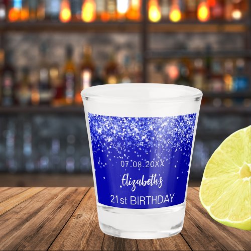 Birthday party royal blue glitter name shot glass