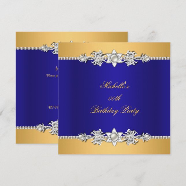 Birthday Party Royal Blue Pearl Trim Jewel Invitation (Front/Back)