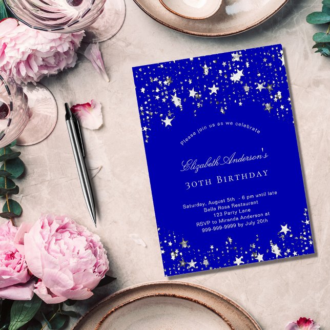 Birthday party royal blue stars invitation postcard (Creator Uploaded)