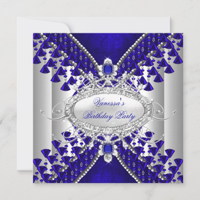 Birthday Party Royal Blue White Diamond Bead Image Invitation (Front)