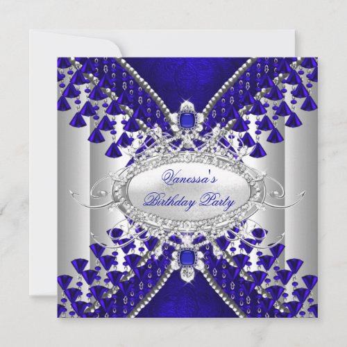 Birthday Party Royal Blue White Diamond Bead Image Invitation
