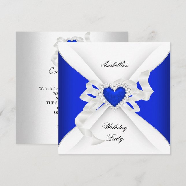 Birthday Party Royal Blue White Diamond Heart Invitation (Front/Back)