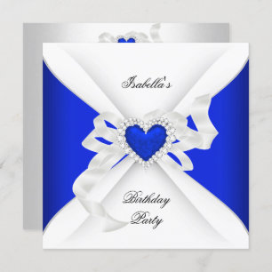 Birthday Party Royal Blue White Diamond Heart Invitation