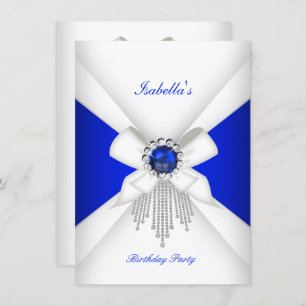 Birthday Party Royal Blue White Diamond Pearl Invitation