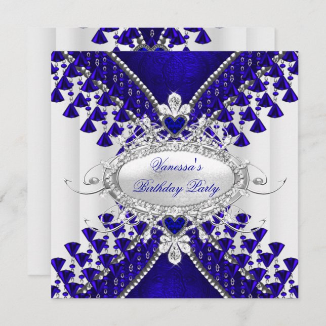 Birthday Party Royal Blue White Heart Diamond Invitation (Front/Back)