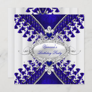 Birthday Party Royal Blue White Heart Diamond Invitation