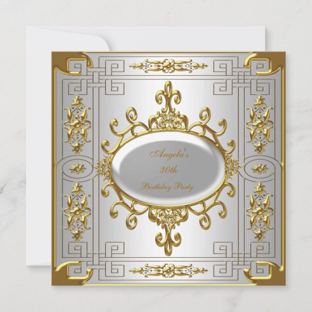 Birthday Party Royal Silver White Gold Art Deco Invitation (Front)