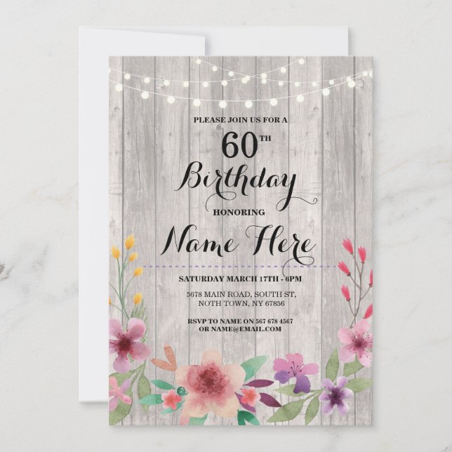 Birthday Party Rustic ANY AGE Wood Floral Invite (Front)
