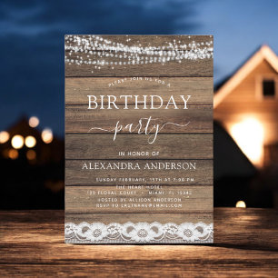 Birthday Party Rustic Farmhouse Lace Wood Invitation