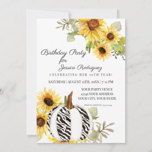 Birthday Party Rustic Sunflower Zebra Pumpkin Invitation