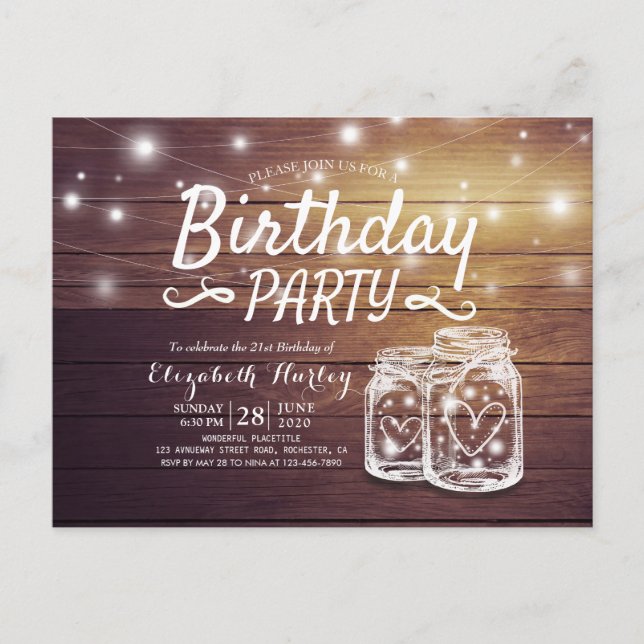 Birthday Party Rustic Wood Mason Jar String Lights Invitation Postcard (Front)